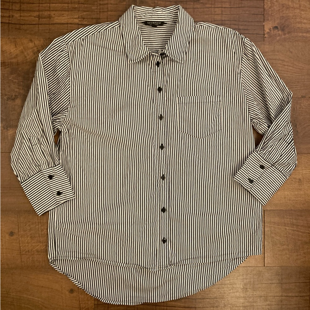 Liverpool Los Angeles Black/White Striped Button Down Shirt Coastal Women’s M